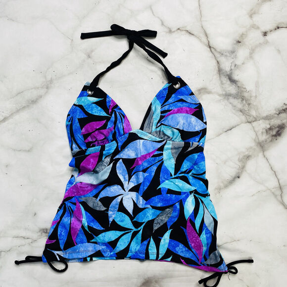 Salt+Cove Tropic Like Its Hot Printed Ruched Halter Tankini Top M Teal Blue New - Picture 3 of 6